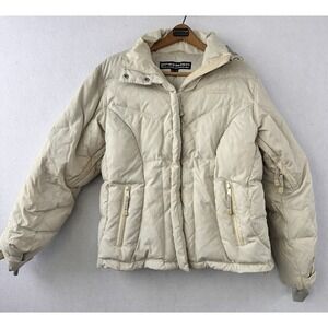 Precision Mountainwear Down Puffer Jacket Tactical Ivory Hooded Sz XL Women's
